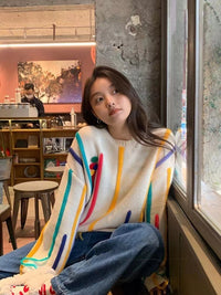 Fringed Sweater Design Colorful Striped Sweater For Women