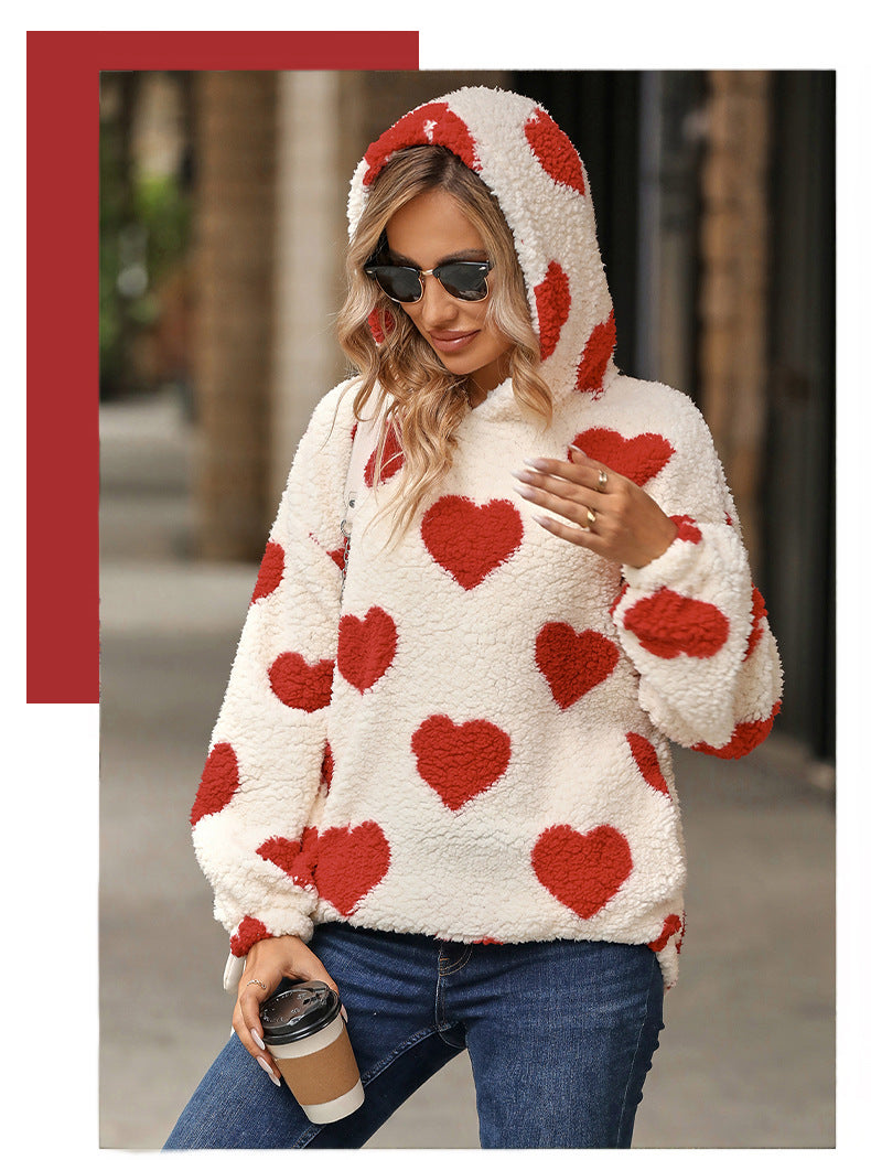 Plush Hooded Love Printed Pullover Sweatshirt Women