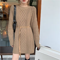 Women's Loose Twist Belt Long-sleeved Mid-length Sweater