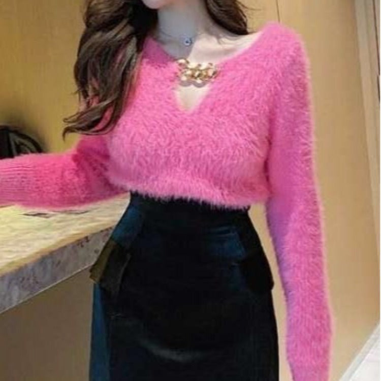 New Imitation Mink V-neck Sweater Women's Simple