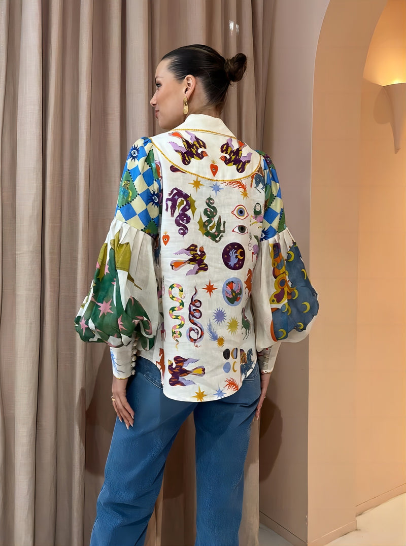 Personalized Graffiti Printing Lapel Lantern Sleeve Cardigan Shirt