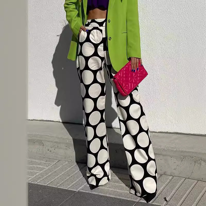 Street Hipster Printed Contrast Color Dotted Prints Wide Leg Pants Straight-leg Pants High Waist Casual Pants