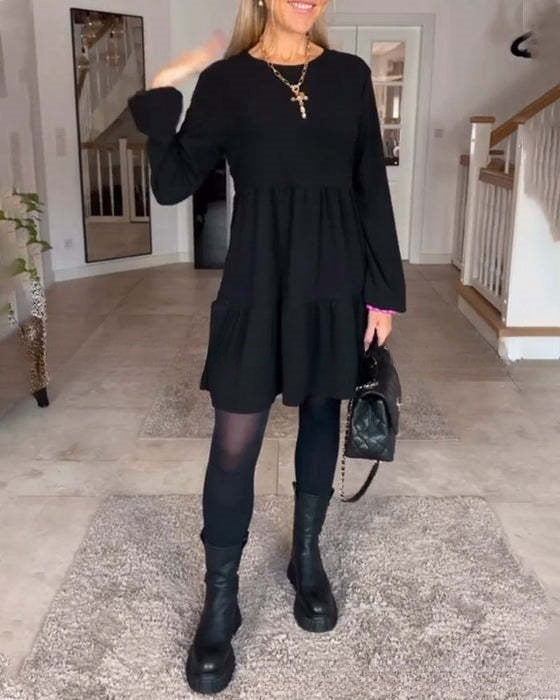 Round Neck Solid Color Stitching Long Sleeve Loose Dress Women