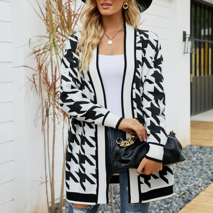 Autumn And Winter New V-neck Houndstooth Cardigan Sweater