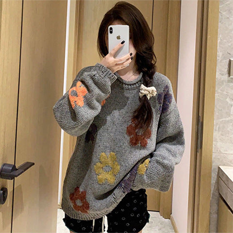 Pullove Round Neck Flower Mid-length Loose Sweater