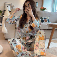 Women's Spring And Summer Cat Cardigan Long-sleeved Pajamas Suit