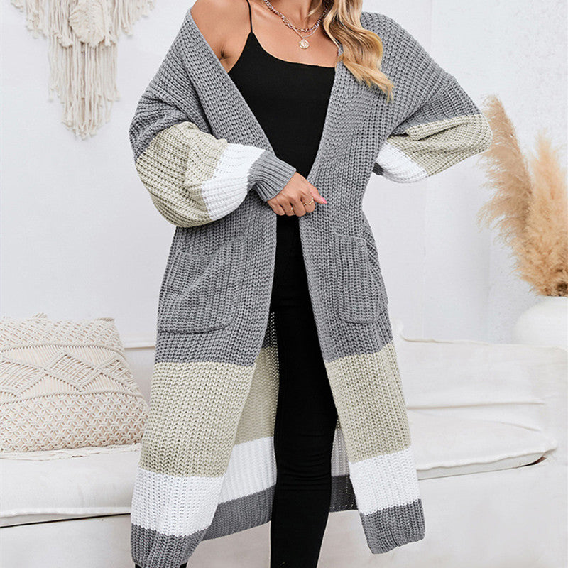 Fall Winter Fashion Color Matching Long Cardigan Warm Outerwear Knitwear