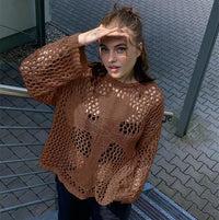 Women's Fashion Round Neck Hollow Knitted Sweater