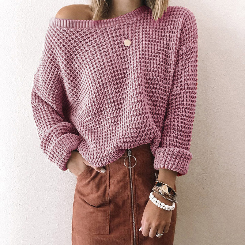 Solid Color Loose Diagonal Neck Long Sleeve Knit Top