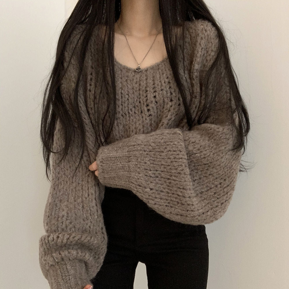 Women's Autumn And Winter Candy Color Pullover Loose Lantern Sleeve Knitted Sweater