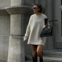 Simple Solid Color Thick Needle Round Neck Sweater Mid-length