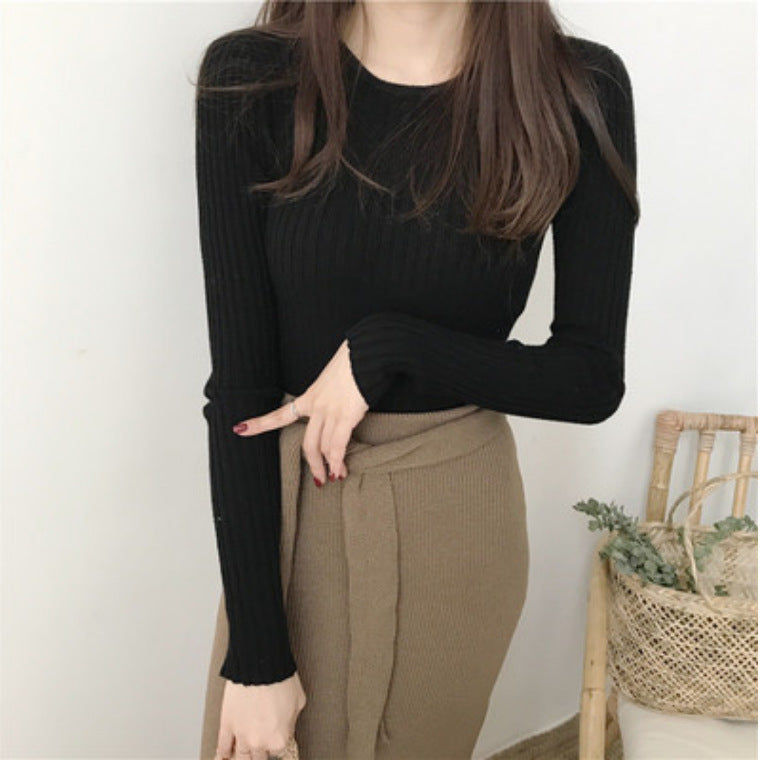 Women's Round Neck Cored Yarn Slimming Knitted Long Sleeve Slim Fit Skinny Warm Sweater