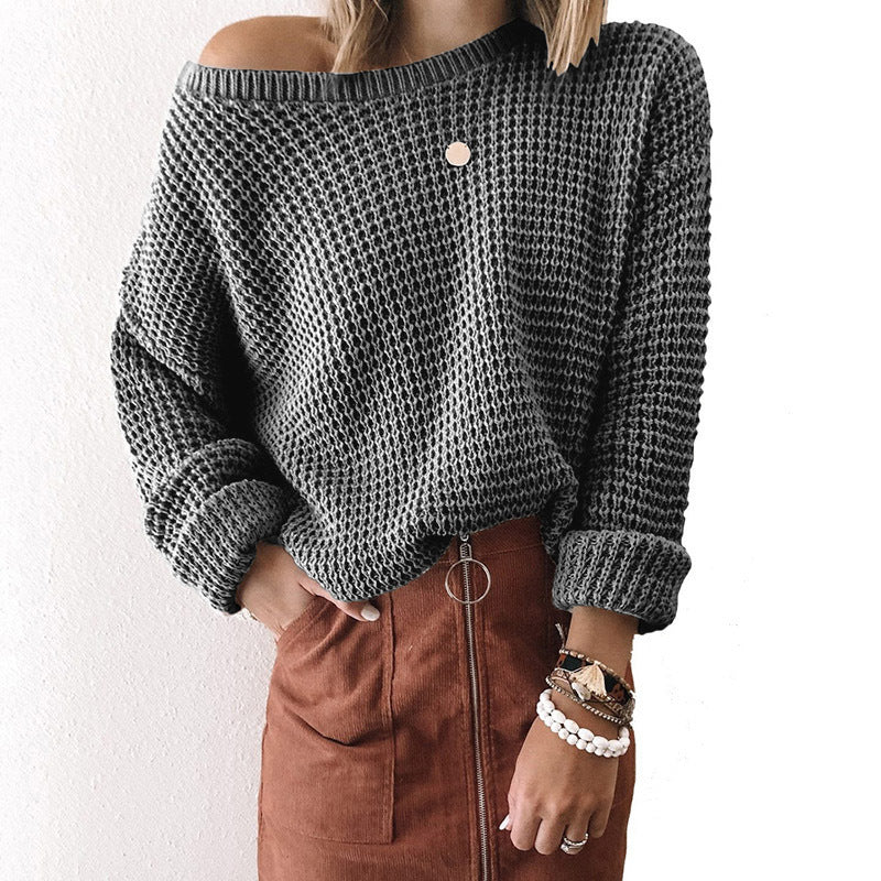 Solid Color Loose Diagonal Neck Long Sleeve Knit Top