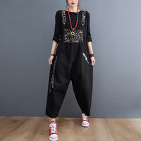 Retro Casual Patchwork Design Jeans Suspenders Wide Leg Pants For Women