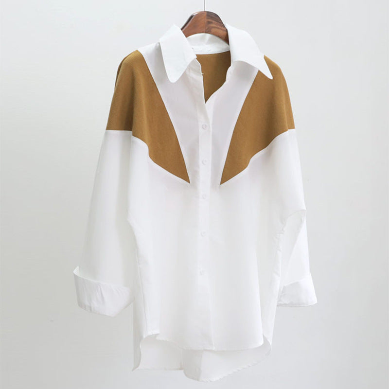 Women's Single-breasted Long Sleeve Lapel Color Matching Shirt