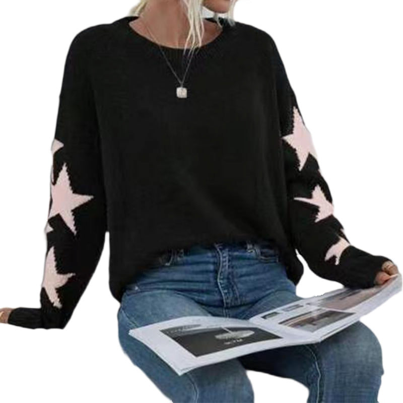 Women's Knitted Sweater Fashion Solid Color Five-pointed Star Jacquard Crew Neck Pullover Sweater