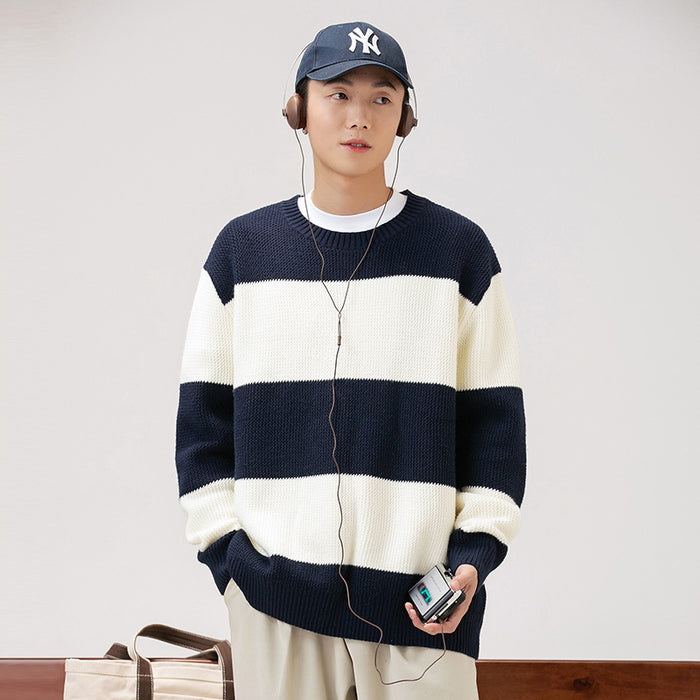 Autumn And Winter Striped Contrast Color Round Neck Sweater Men And Women Loose Leisure All-matching Couple