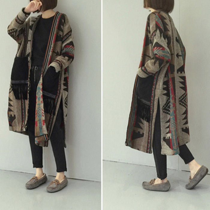 Large Slit Pockets Stitching Tassels Plus Long Woolen Coat