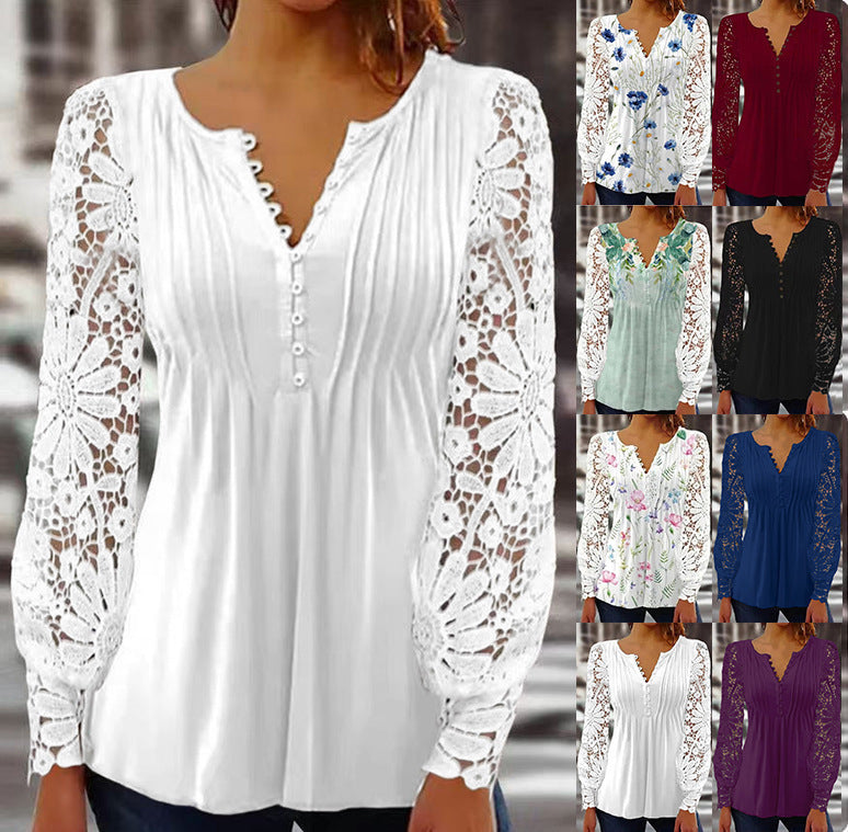 European And American Spring And Autumn Fashion Lace Lace Sleeve Pleated Solid Color Buttons T-shirt