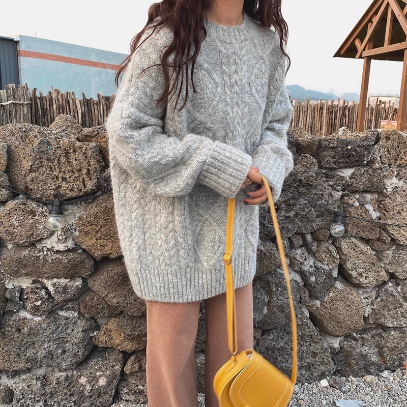 Mohair Sweater For Women For Autumn And Winter Outer Wear Thickened Loose Cozy Style Pullover Mid-length Twist Knitted Sweater