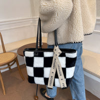 SmallFlower Checkered Print Plush Tote Bag Ins Style