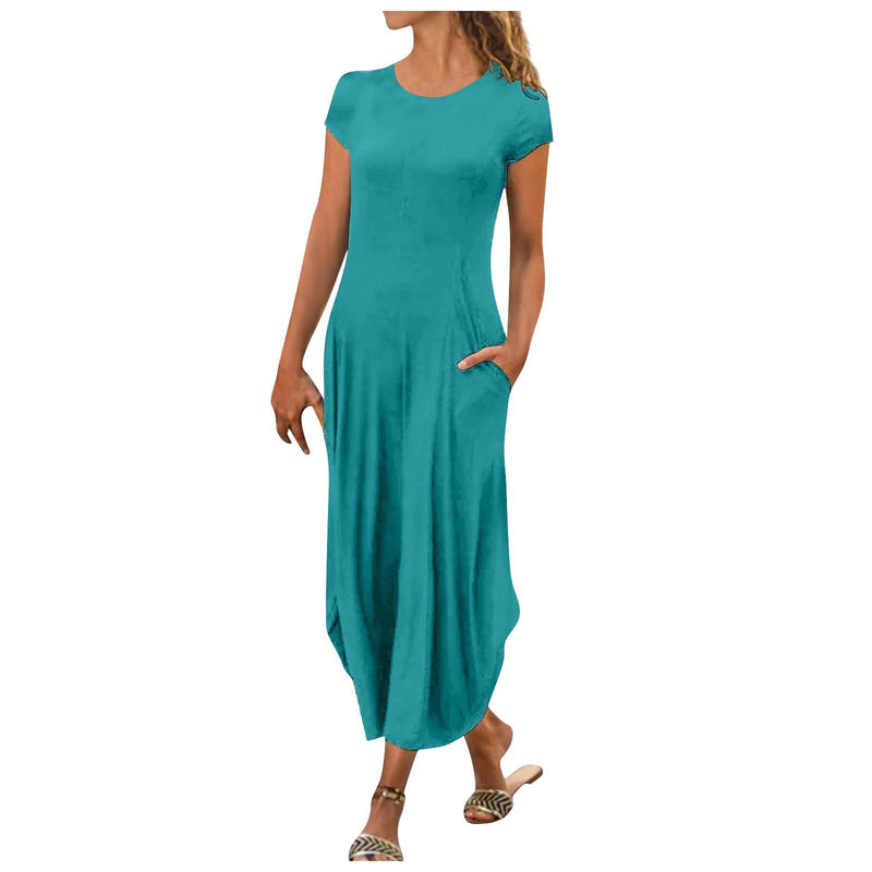 Pullover Short Sleeve Round Neck Mid Waist Solid Color Dress