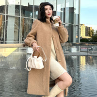 Thickened Long Section Stand Collar Faux Lamb Plush Fur Integrated Fur Environmental Protection Leather Women's Coat