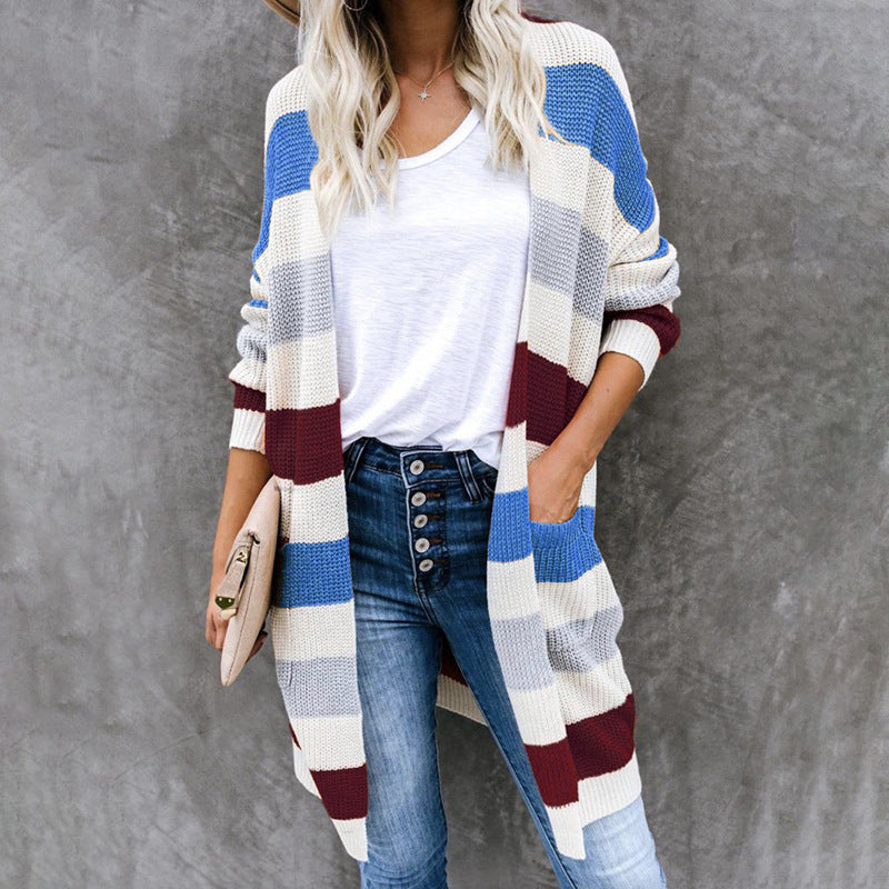 New Autumn And Winter Long Color-blocking Pocket Knitted Cardigan