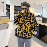 Winter Artificial Green Fur Women's Stitching Leopard Print Short Sweater