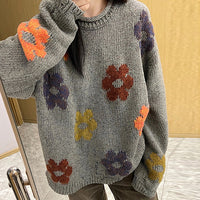 Pullove Round Neck Flower Mid-length Loose Sweater