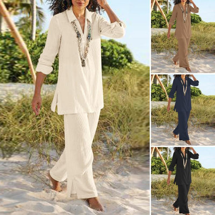 Solid Color National Style Retro Pants Suit Cotton And Linen Casual Long Sleeve Loose Cotton Suit