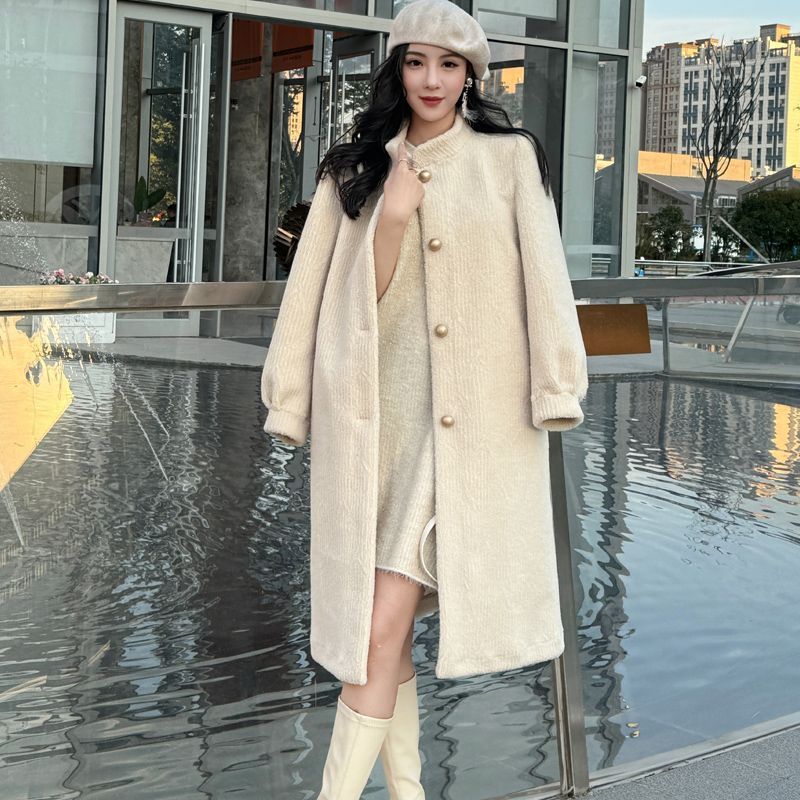 Thickened Long Section Stand Collar Faux Lamb Plush Fur Integrated Fur Environmental Protection Leather Women's Coat