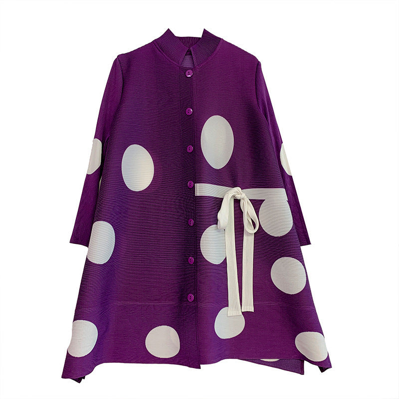 Pleated Polka Dot Coat Autumn New Lace-up Breasted Stand Collar Cardigan