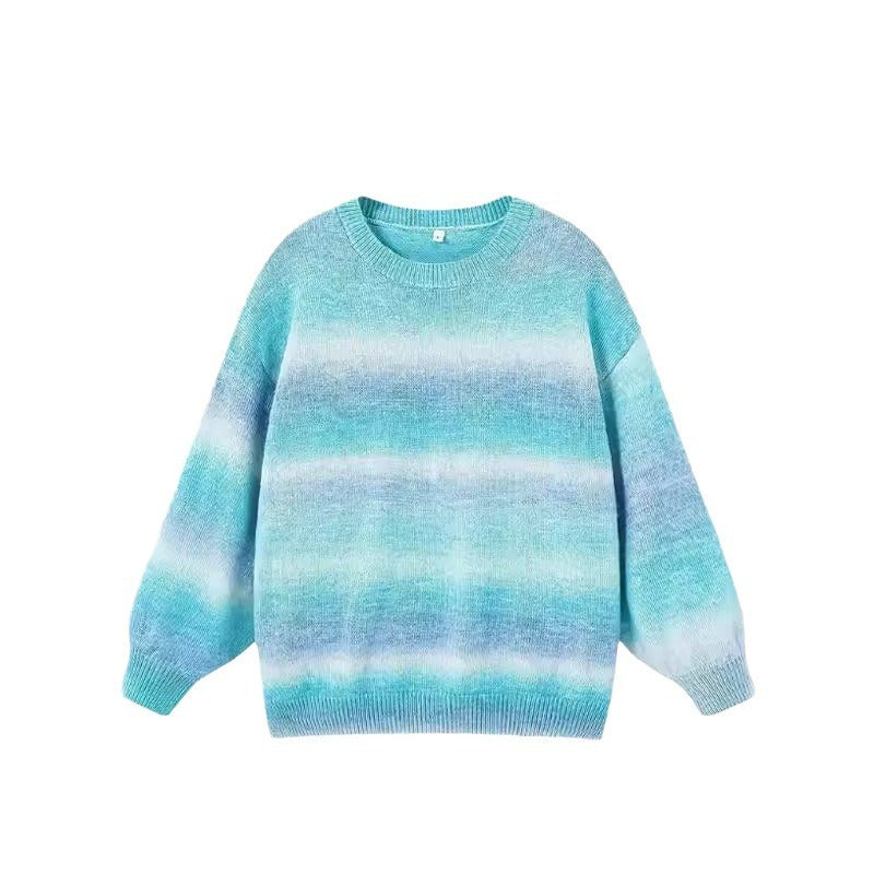 Stitching Contrast Color Knitted Sweater Fashion Pullover Round Neck Gradient Rainbow Striped Top