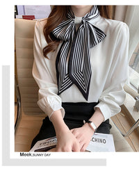 Lady Temperament Satin Striped Shirt With Ribbon