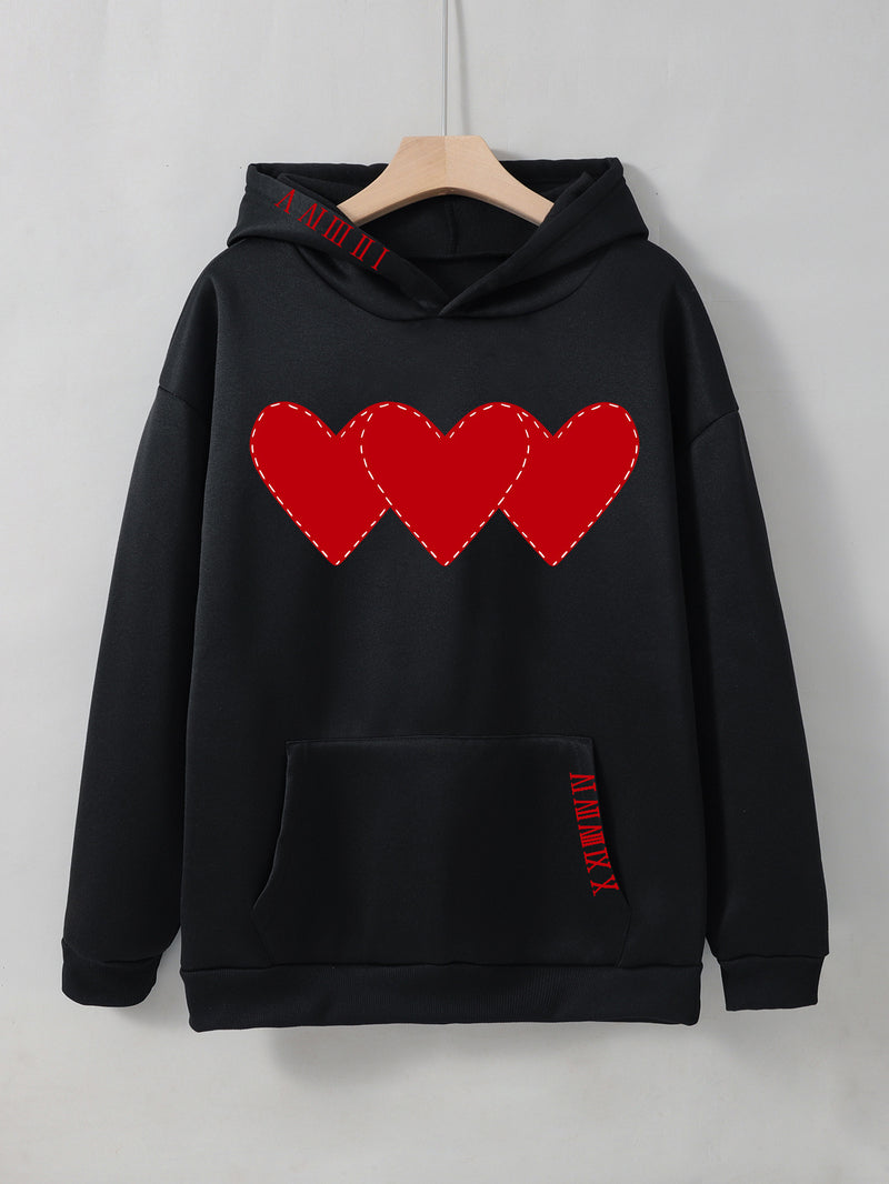 Women's Brushed Hoody Heart Shape Printed Drawstring Hoodie