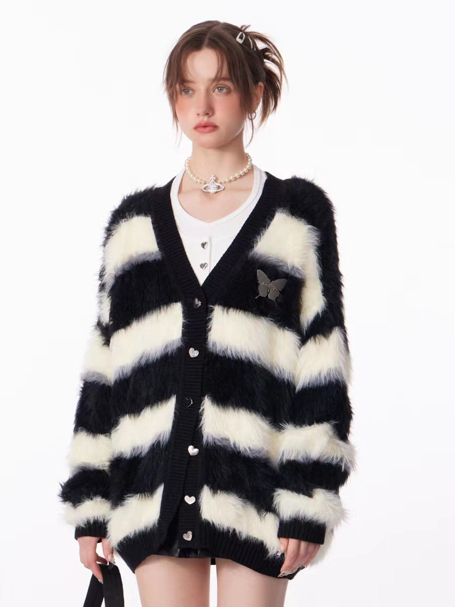 Black And White Striped Soft Glutinous Thick Lazy Knitted Cardigan