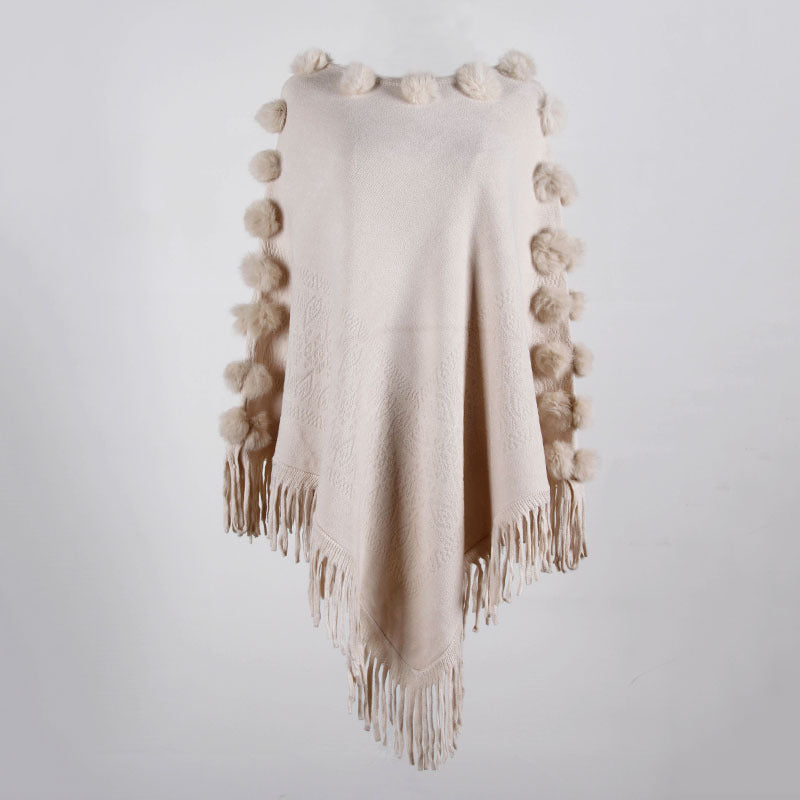 Fringed Cloak Shawl Hair Ball Round Neck Pullover Solid Color Sweater Women