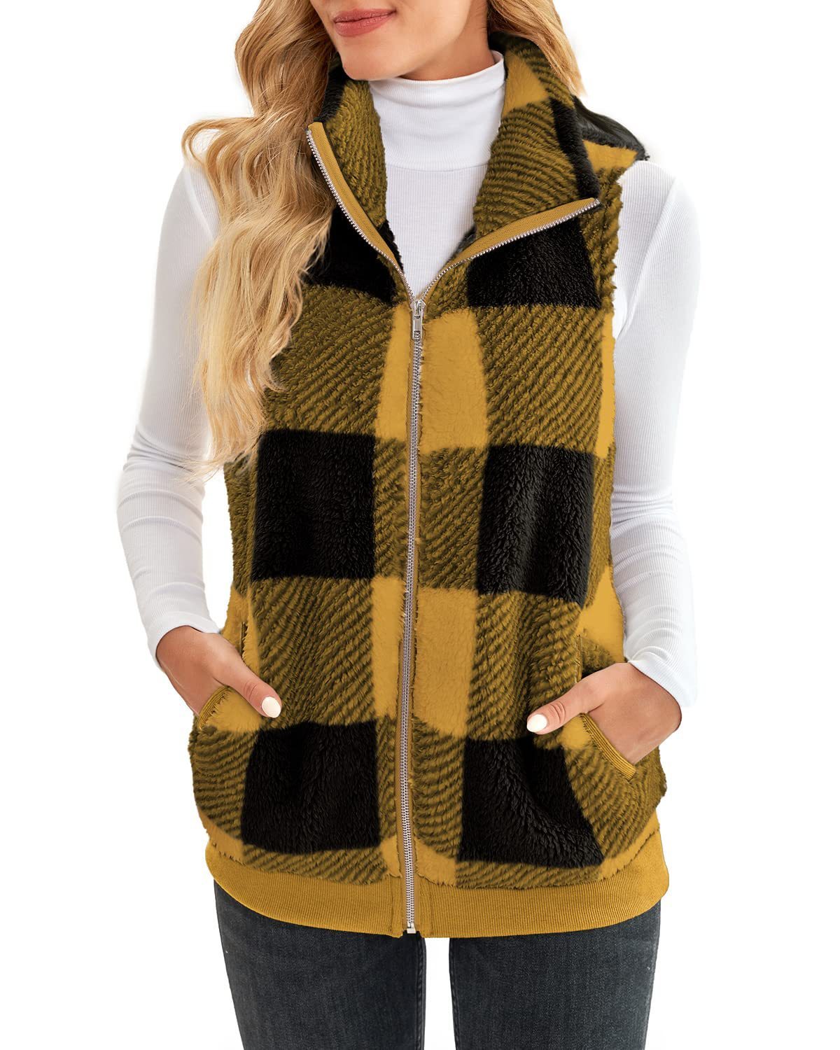 Thick Checks Double-sided Velvet Cardigan Vest Stand Collar Sleeveless Coat