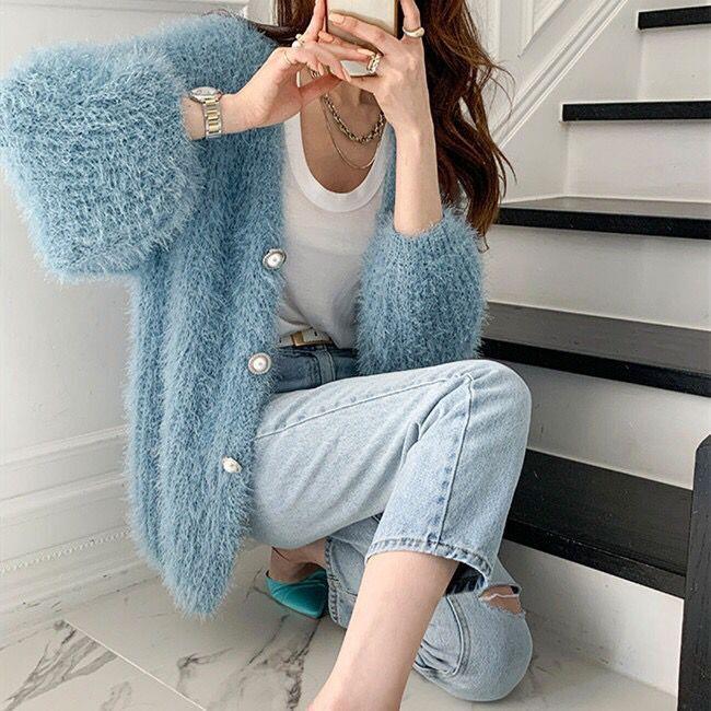 Mohair Single-breasted Pearl-button Cardigan Loose And Thick Sweater Coat