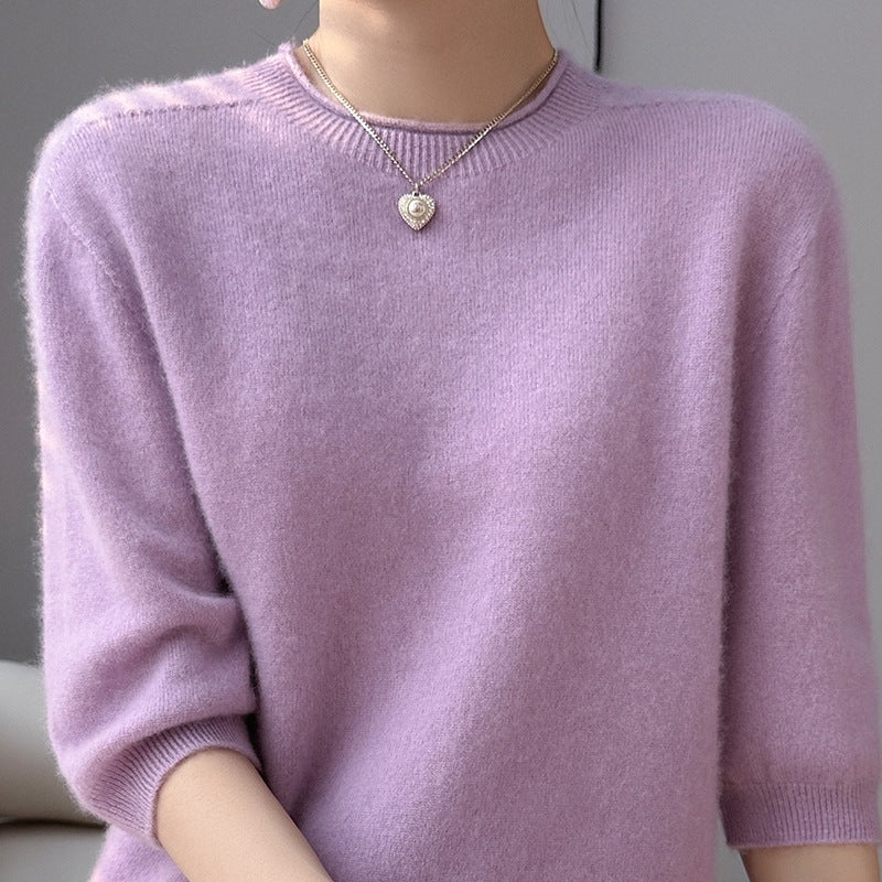 Spring Style Front Line Ready-made Garments Pure Wool Sweater Round Neck Curling Half Sleeve