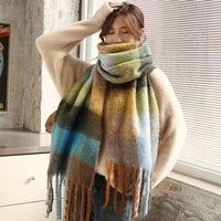 Warm Contrast Plaid Scarf With Big Fringe