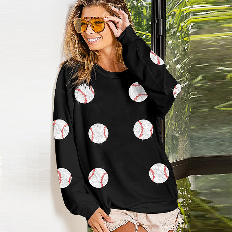 Baseball Sequined Sweater Long Sleeve Top For Women