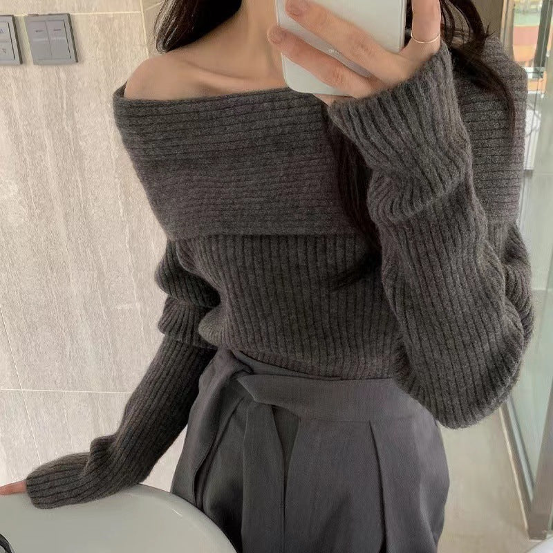 Off-the-shoulder Pile Collar Slim Knit Sweater