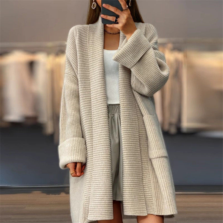 Solid Color Knitted Cardigan Loose Pockets Sweater Coat