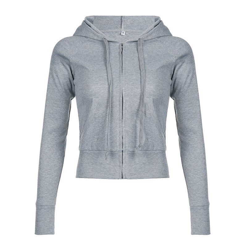 Gray Hooded Sweater Women's Short Solid Color Cardigan Zipper Coat