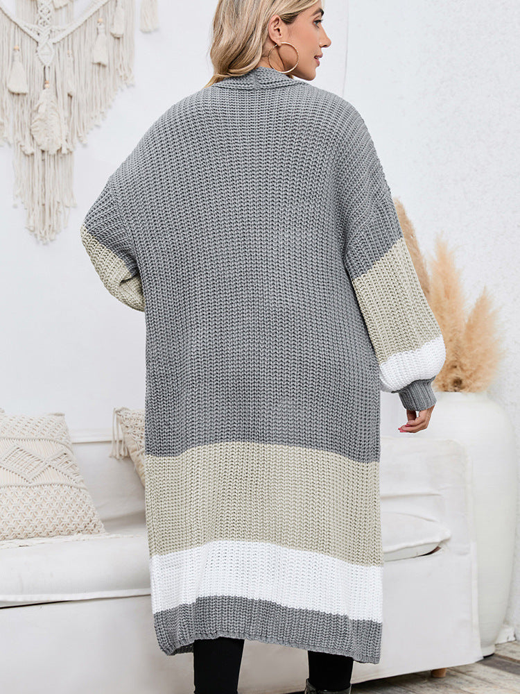 Fall Winter Fashion Color Matching Long Cardigan Warm Outerwear Knitwear