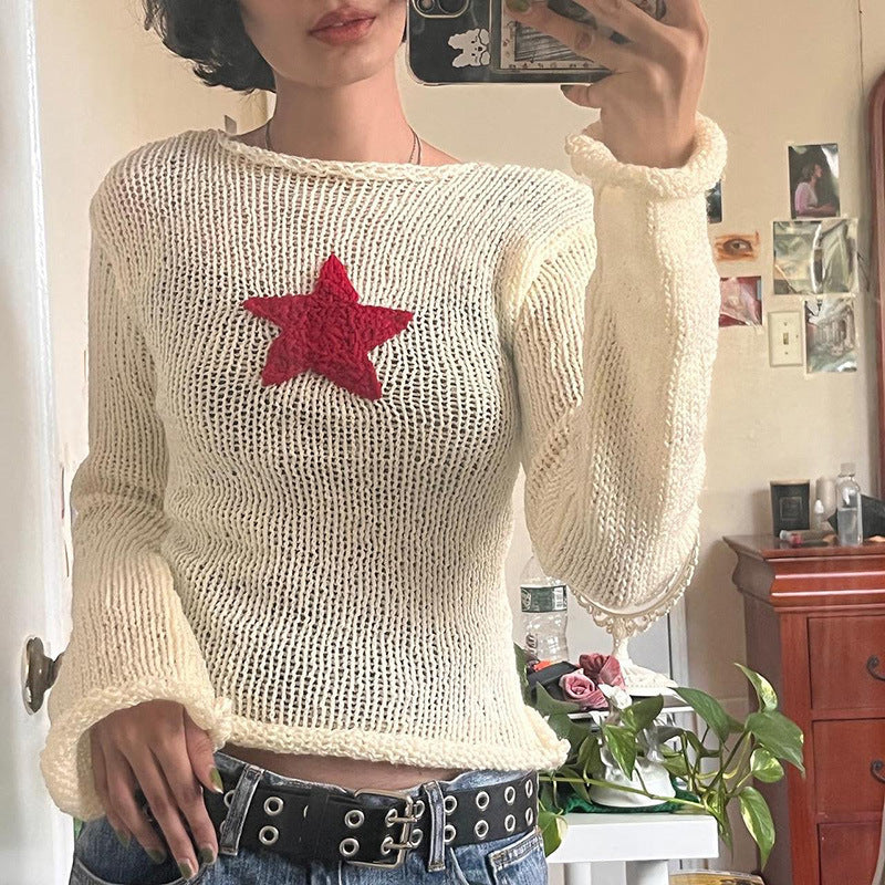 Five Pointed Star Short Curled Fashion Slight Raglan Long Sleeve Sweater T-shirt