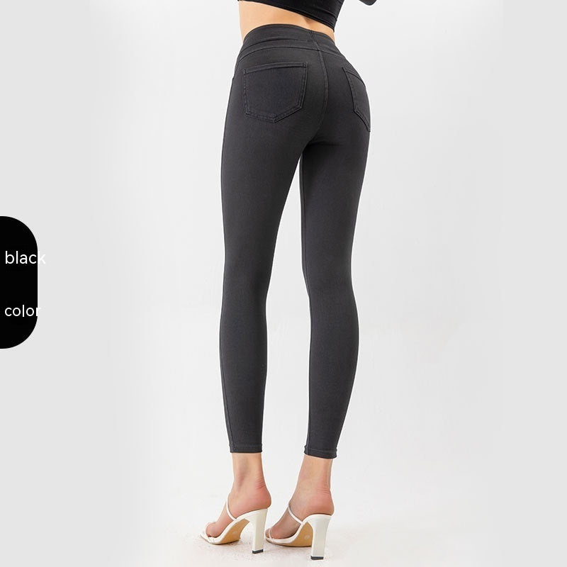 Denim Yoga Pants Women's High Waist Slimming Pocket Sports Tight Casual Pants