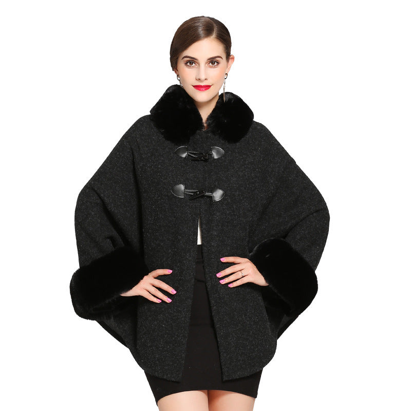 European and American autumn and winter new style rex rabbit fur collar double leather buckle knitted cardigan cloak shawl woolen coat women